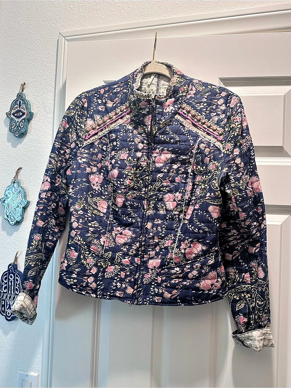 Free People Chloe Jacket Floral Quilted Blue & Pink